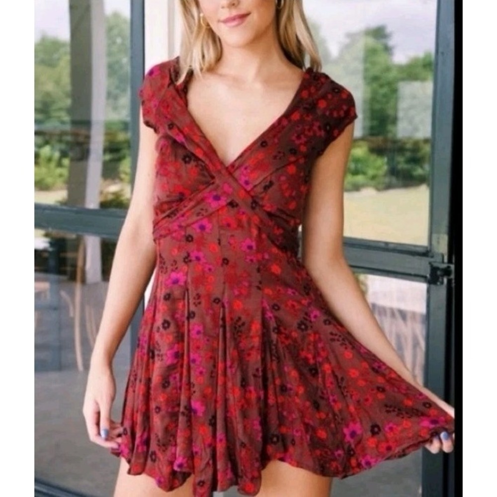 NWT Free People It Takes Two Plum Wrap Mini Dress Floral Cut Out Deep V Cut Sz S
